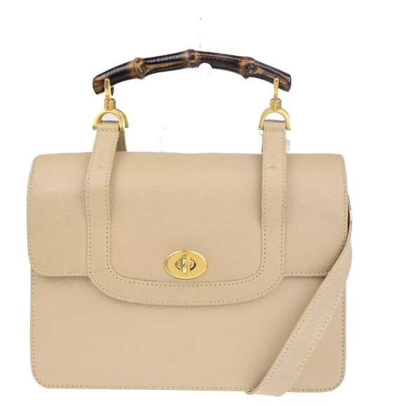 GUCCI Logo Bamboo 2Way Shoulder Hand Bag Leather Beige GHW Italy 95YG616 - Picture 1 of 15